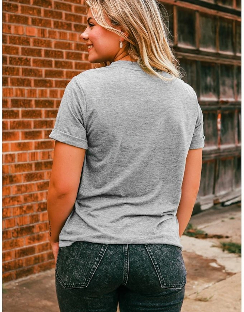 Gray Merry Christmas Tree Pattern Print Crew Neck Graphic Tee