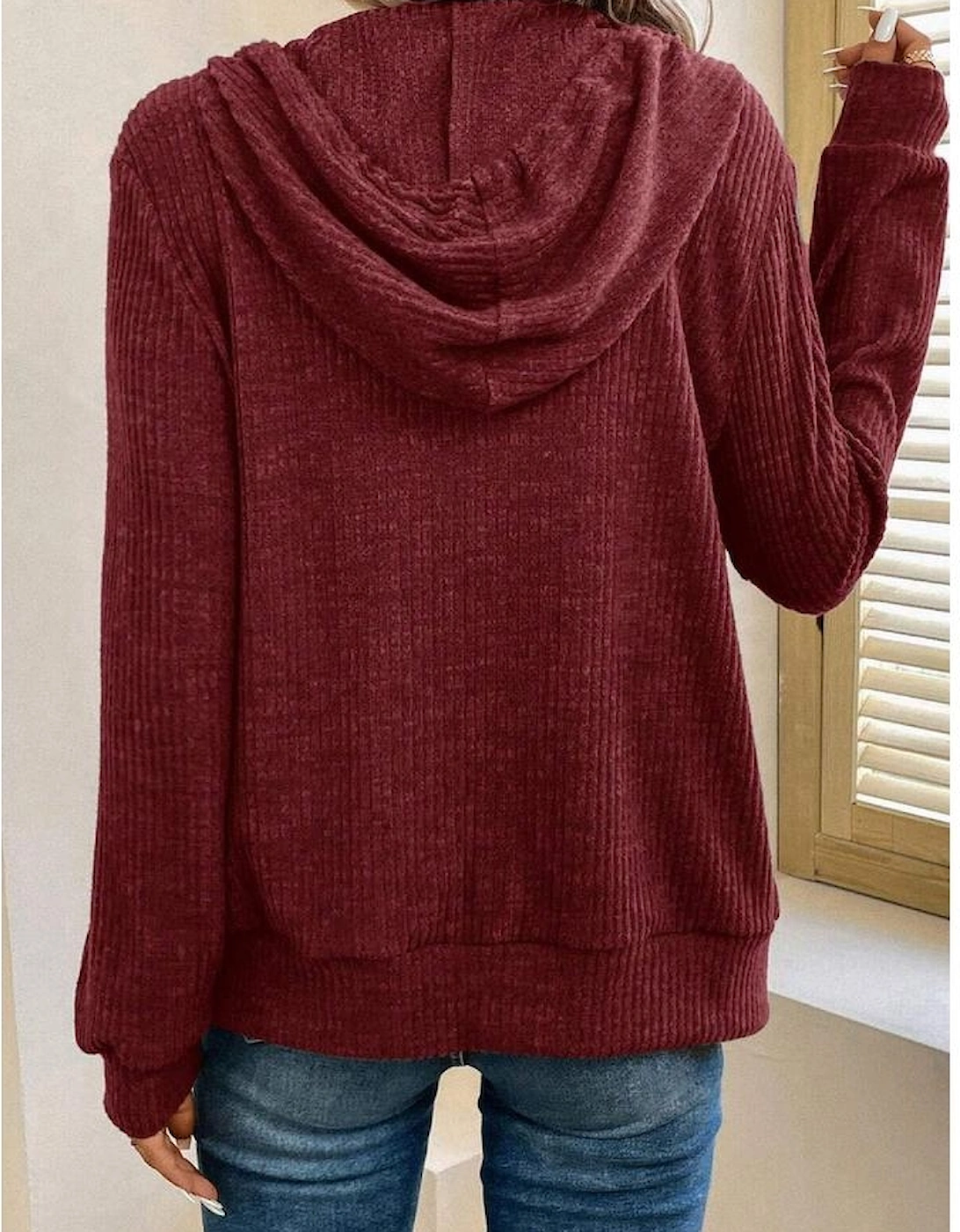 Red Dahlia Ribbed Zip Up Front Drawstring Hoodie