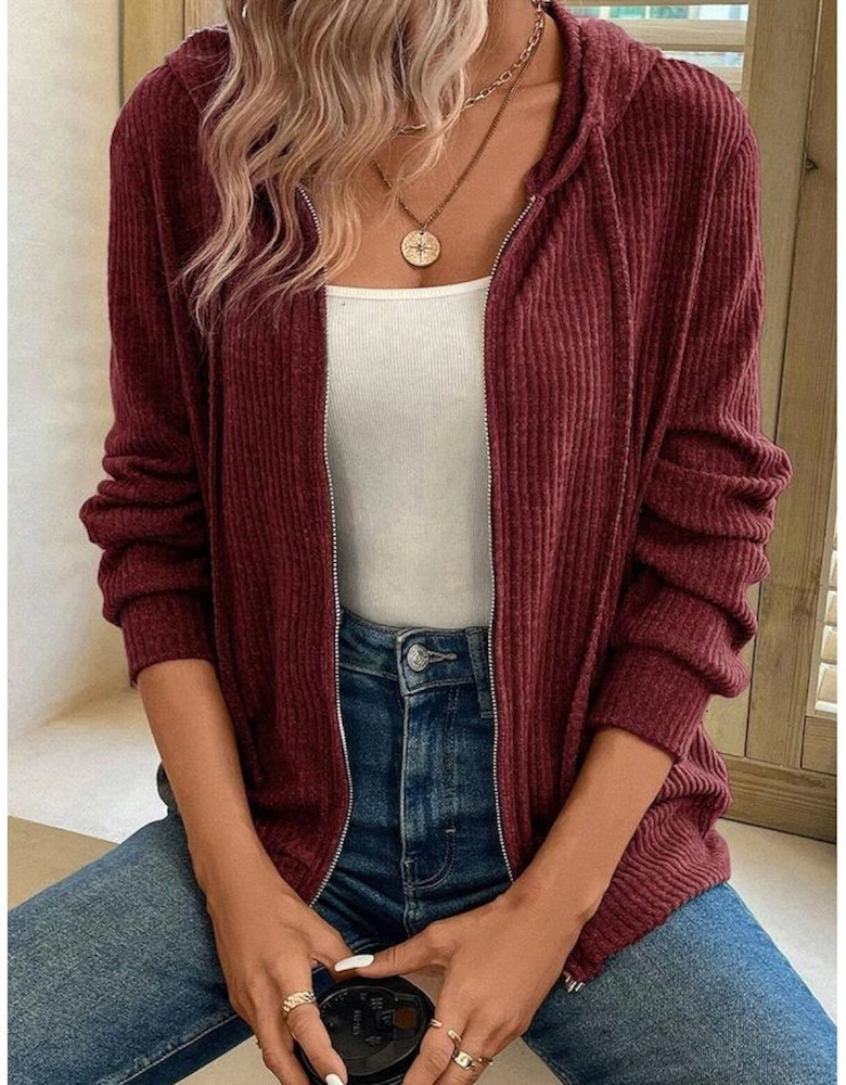 Red Dahlia Ribbed Zip Up Front Drawstring Hoodie