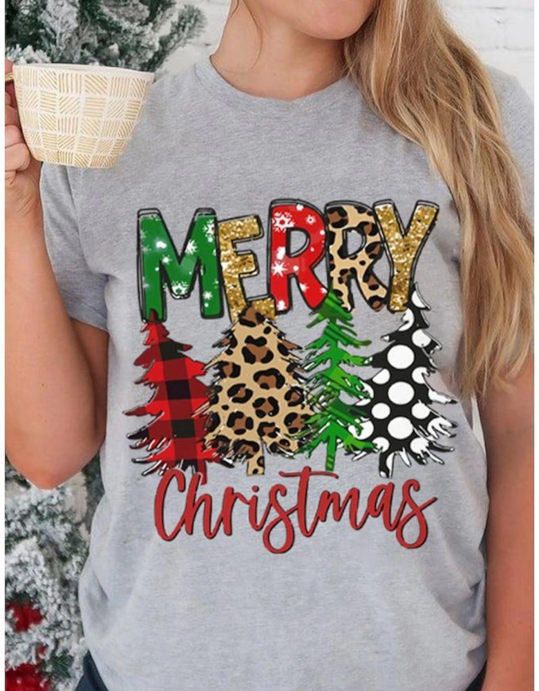 Gray Merry Christmas Tree Pattern Print Crew Neck Graphic Tee