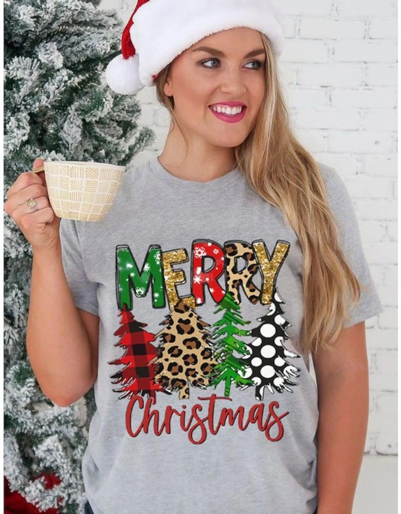 Gray Merry Christmas Tree Pattern Print Crew Neck Graphic Tee