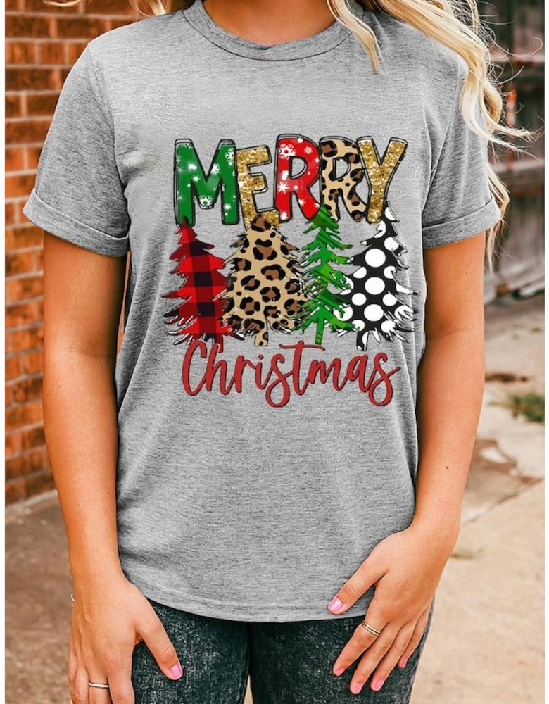 Gray Merry Christmas Tree Pattern Print Crew Neck Graphic Tee