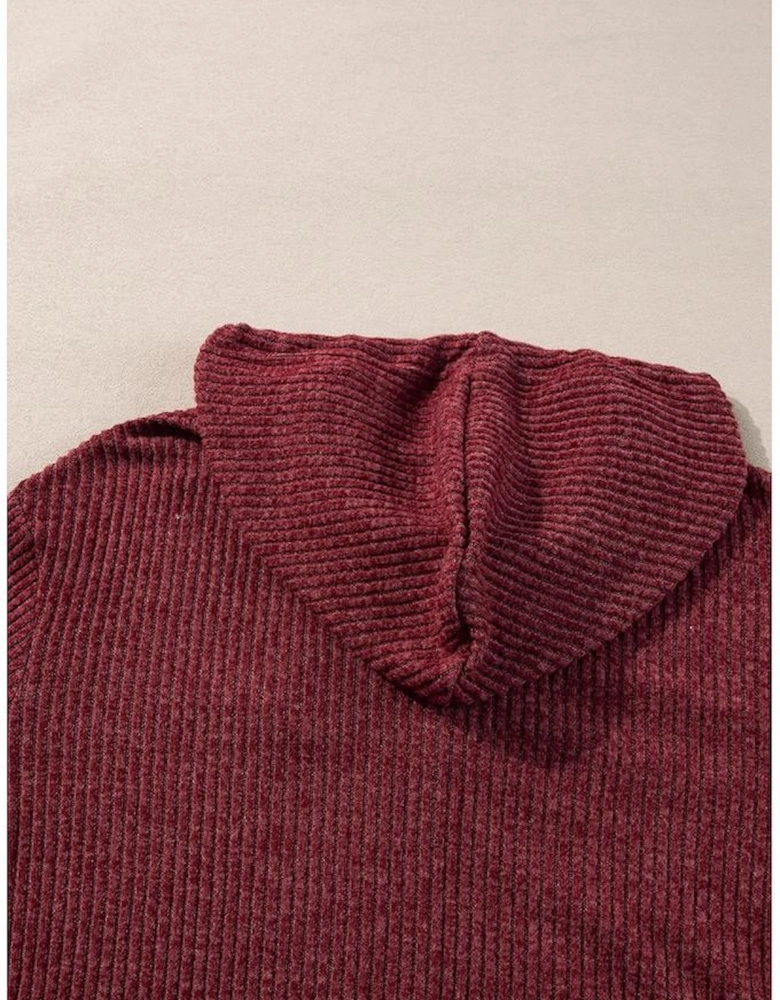 Red Dahlia Ribbed Zip Up Front Drawstring Hoodie