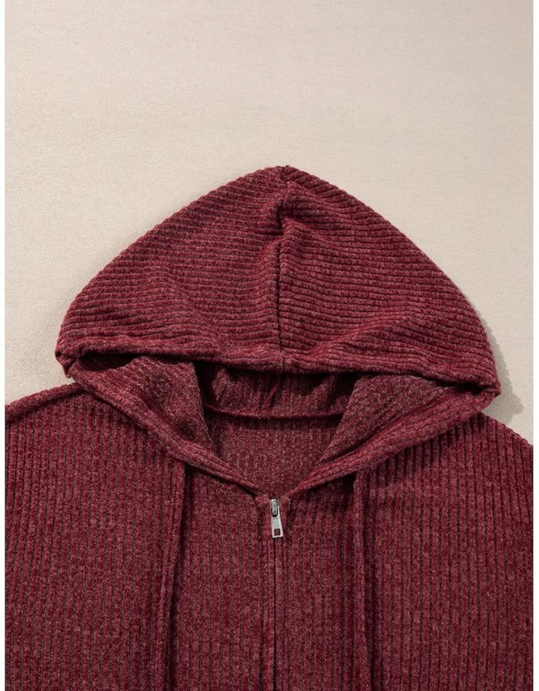Red Dahlia Ribbed Zip Up Front Drawstring Hoodie