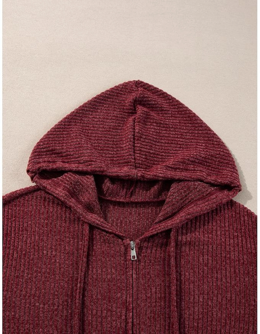 Red Dahlia Ribbed Zip Up Front Drawstring Hoodie