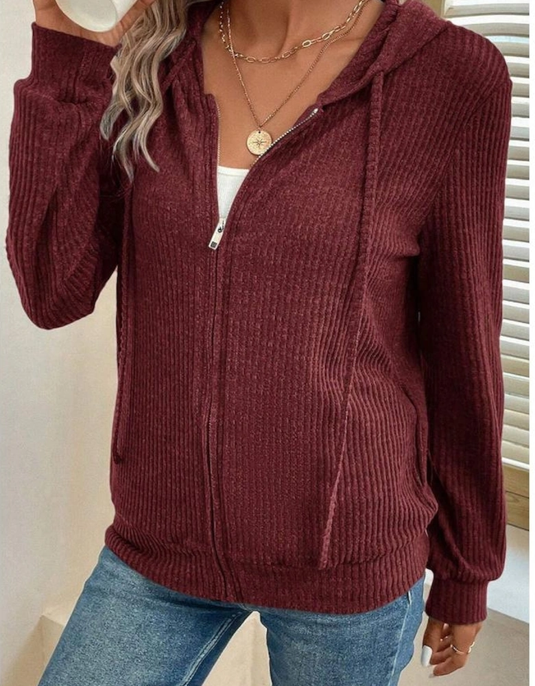 Red Dahlia Ribbed Zip Up Front Drawstring Hoodie