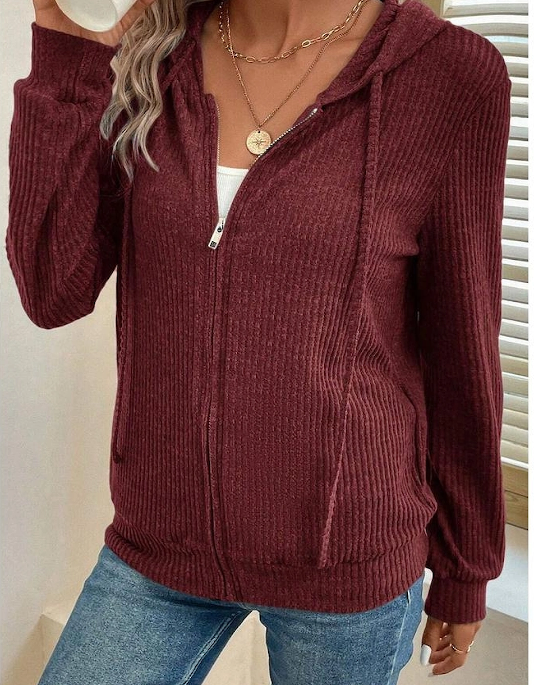 Red Dahlia Ribbed Zip Up Front Drawstring Hoodie