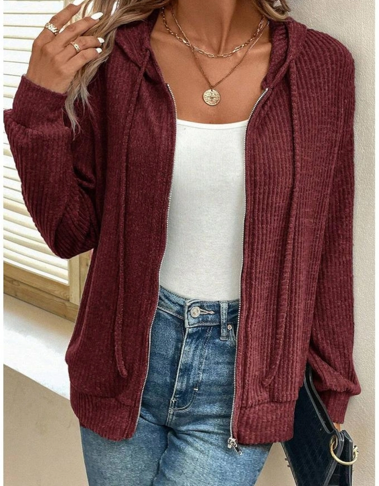 Red Dahlia Ribbed Zip Up Front Drawstring Hoodie