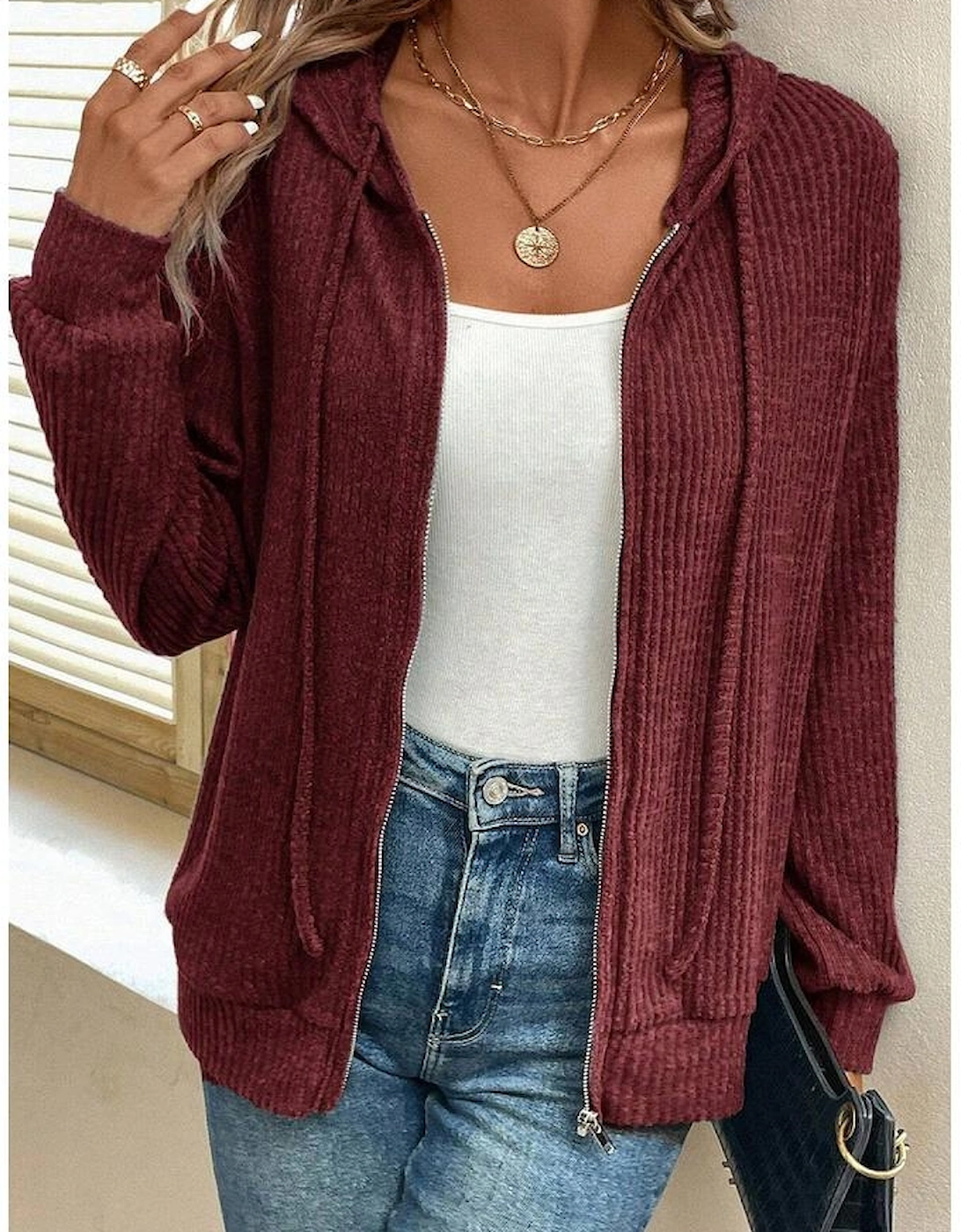 Red Dahlia Ribbed Zip Up Front Drawstring Hoodie