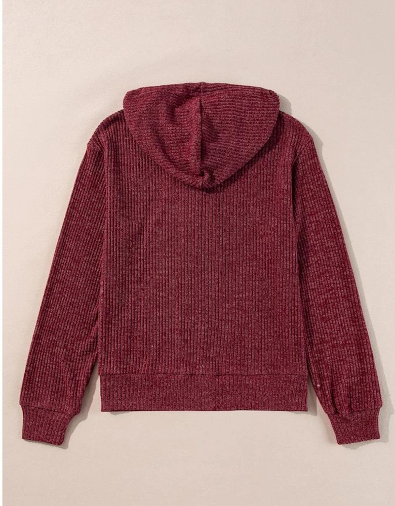 Red Dahlia Ribbed Zip Up Front Drawstring Hoodie