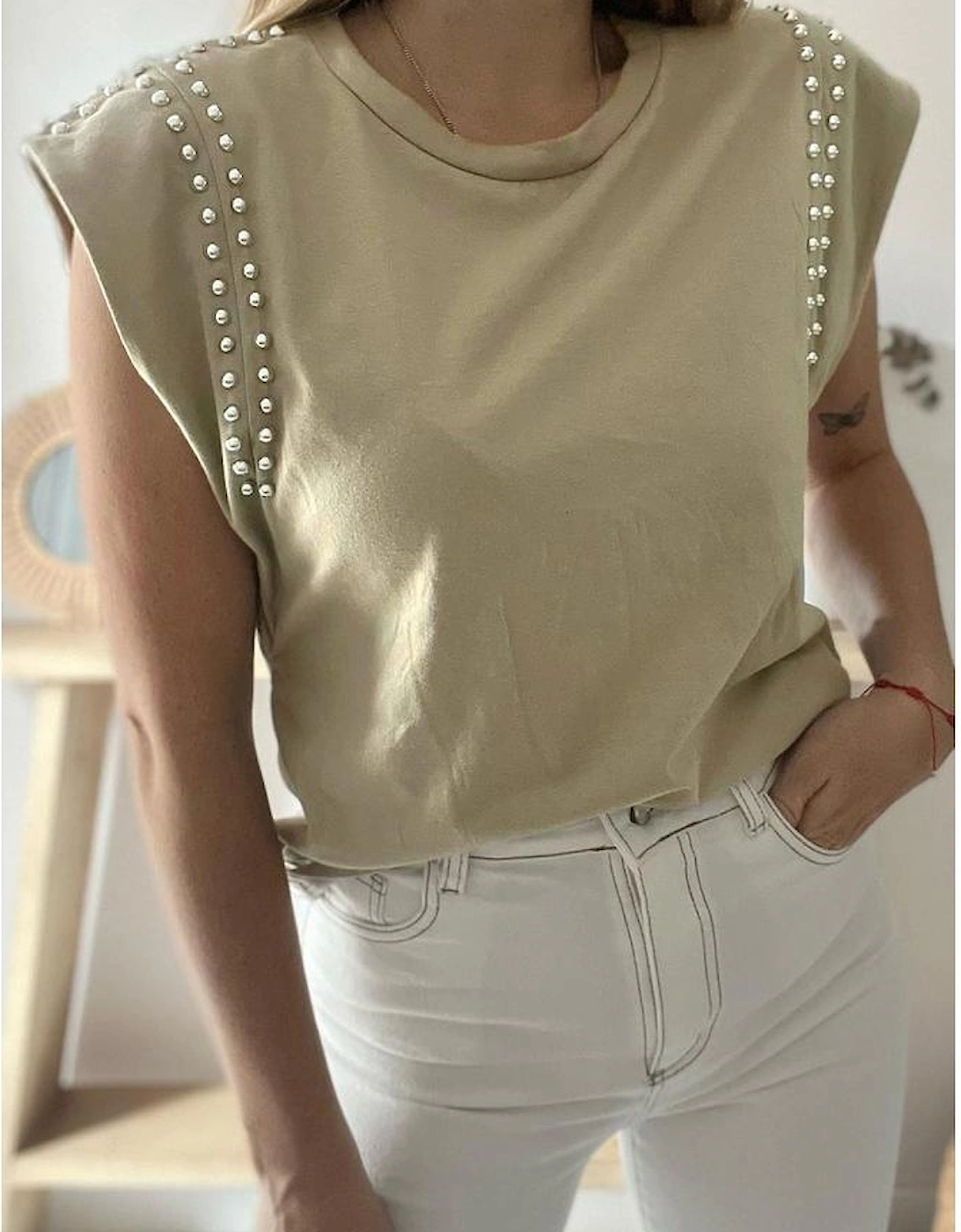 Sage Green Studded Cap Sleeve Round Neck T Shirt