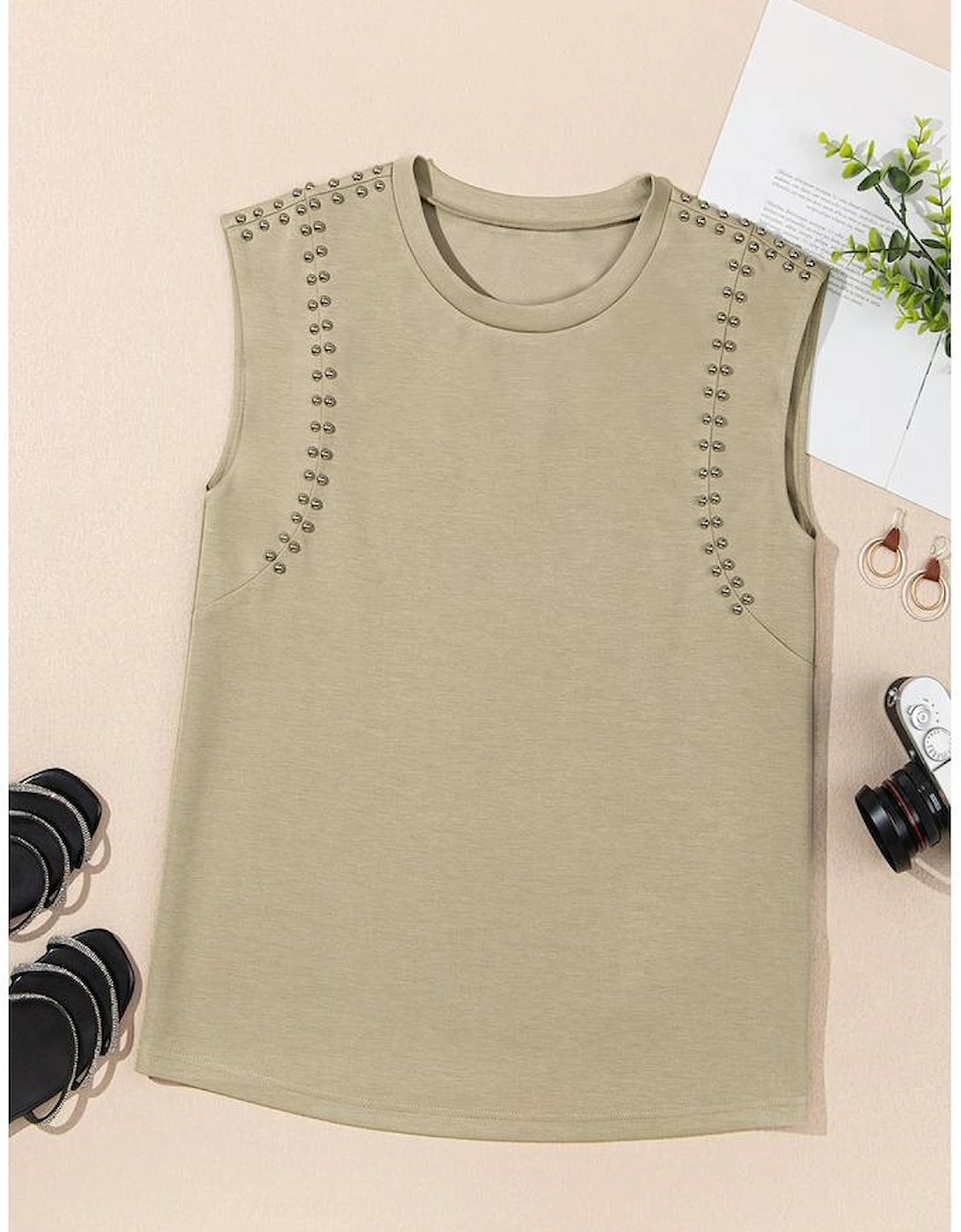 Sage Green Studded Cap Sleeve Round Neck T Shirt, 9 of 8