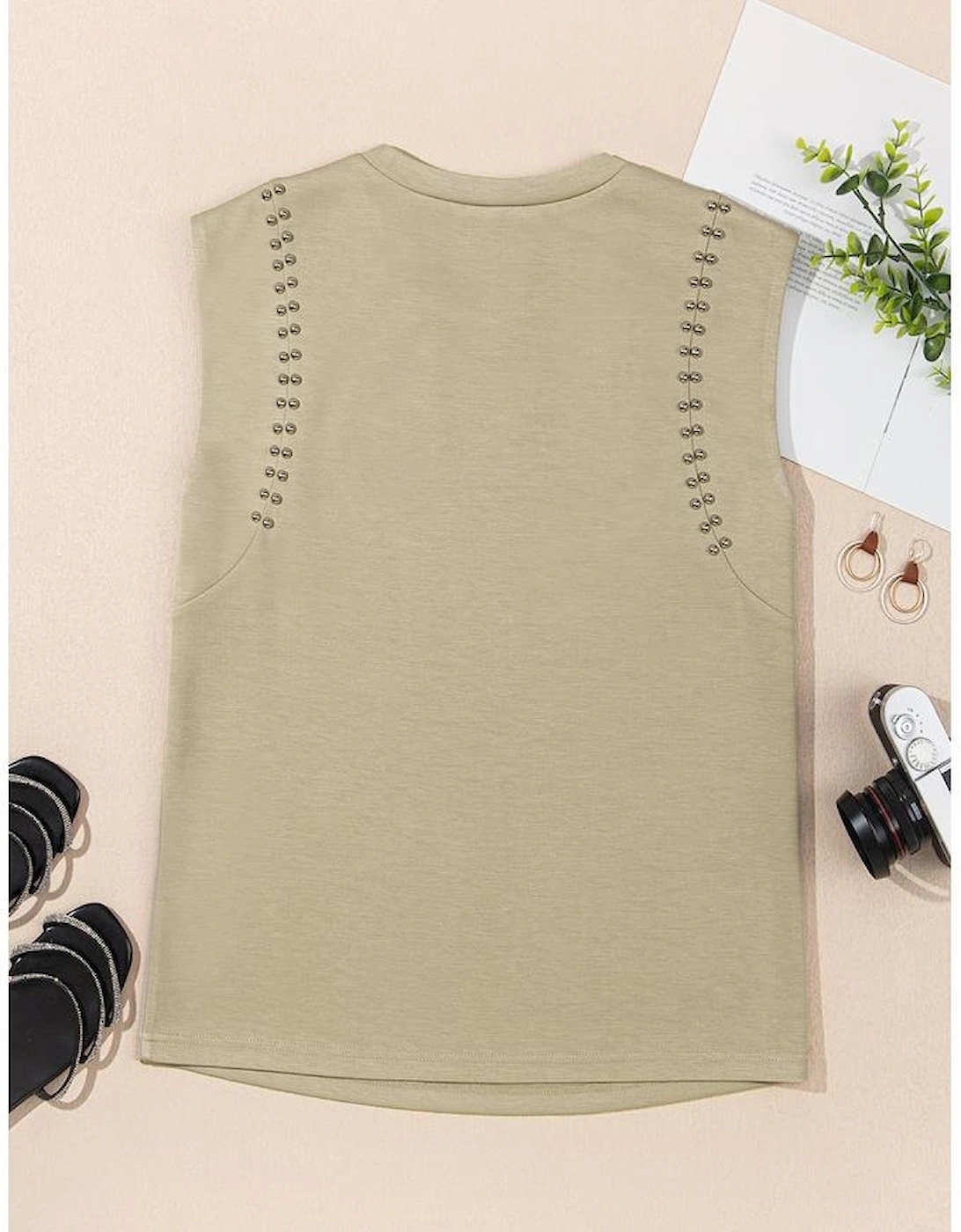 Sage Green Studded Cap Sleeve Round Neck T Shirt