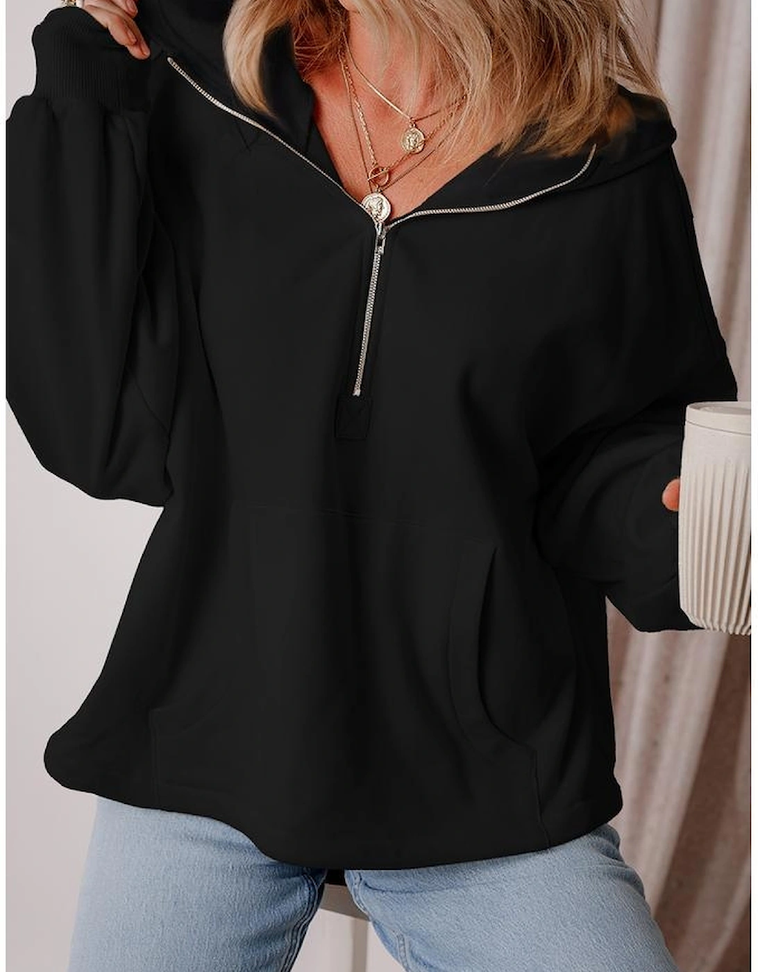 Black Fleece Lined Half Zipper Kangaroo Pockets Loose Hoodie