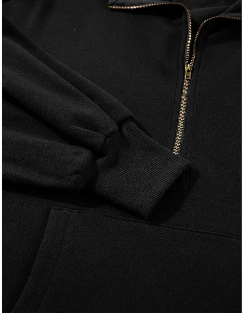 Black Fleece Lined Half Zipper Kangaroo Pockets Loose Hoodie