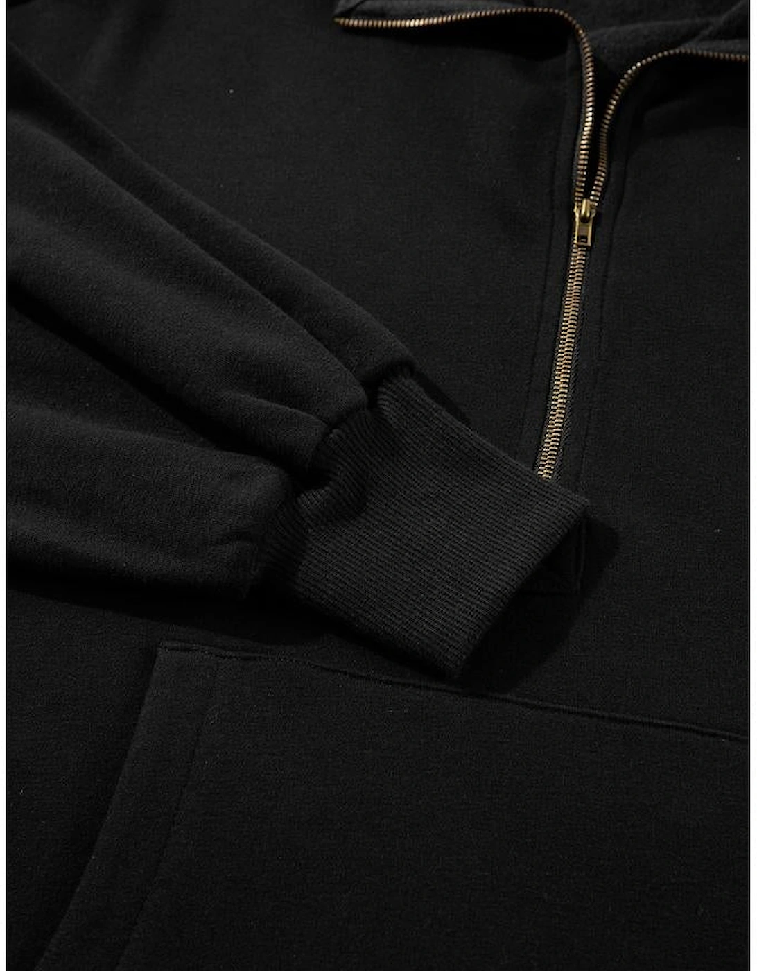 Black Fleece Lined Half Zipper Kangaroo Pockets Loose Hoodie