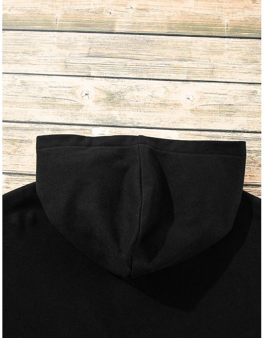 Black Fleece Lined Half Zipper Kangaroo Pockets Loose Hoodie