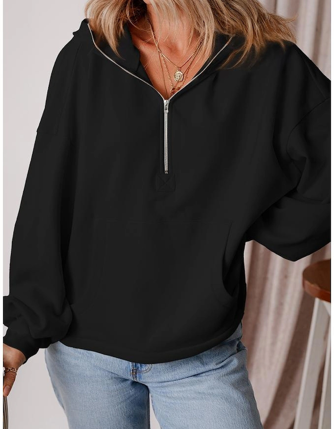 Black Fleece Lined Half Zipper Kangaroo Pockets Loose Hoodie