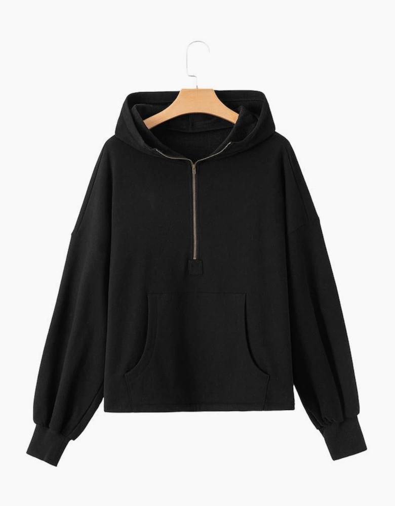 Black Fleece Lined Half Zipper Kangaroo Pockets Loose Hoodie