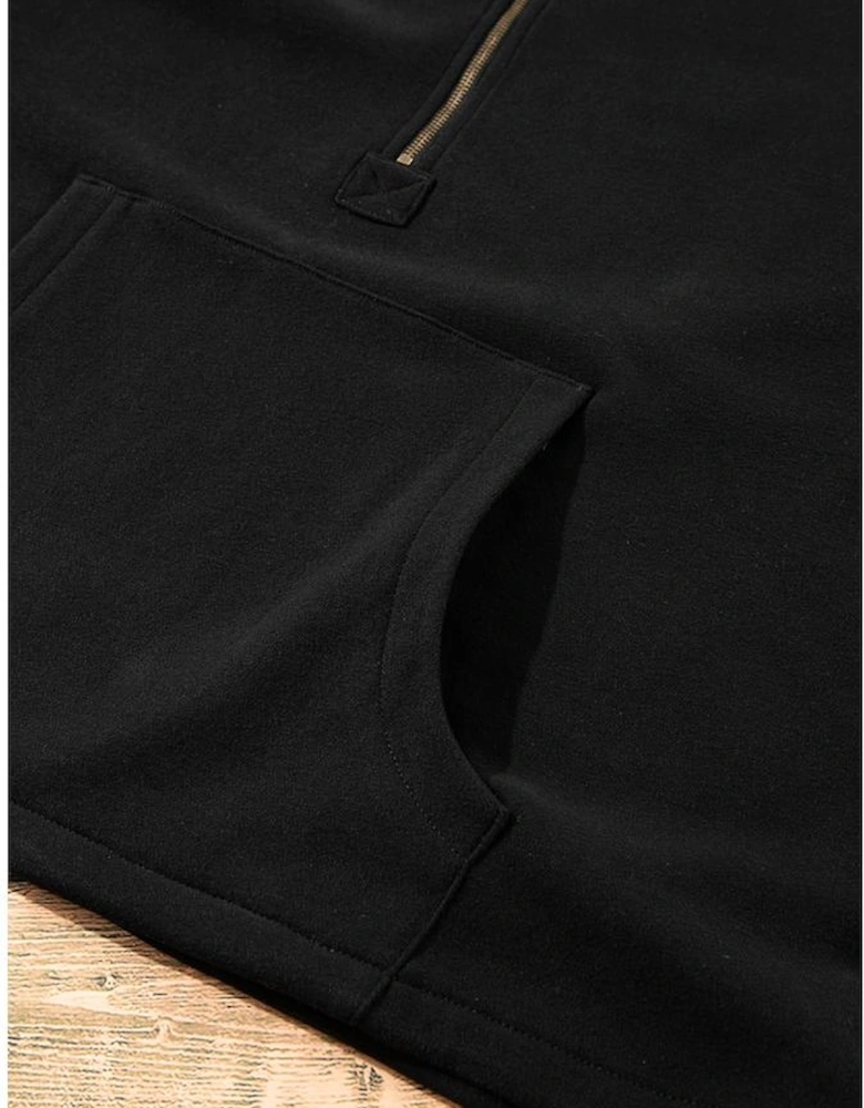 Black Fleece Lined Half Zipper Kangaroo Pockets Loose Hoodie
