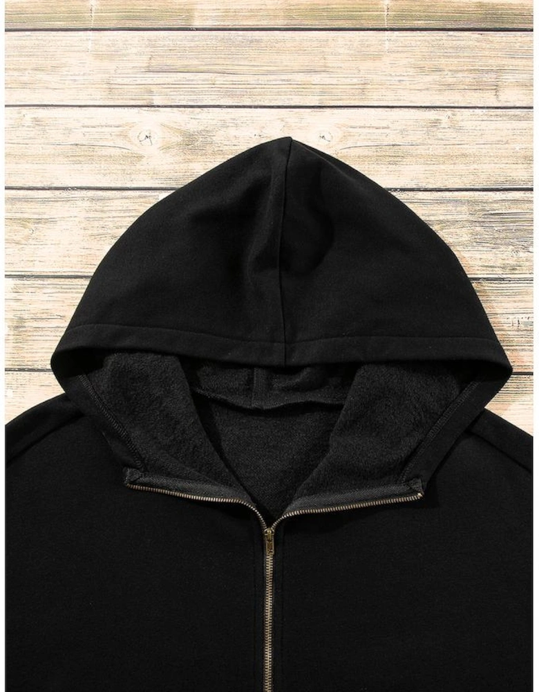 Black Fleece Lined Half Zipper Kangaroo Pockets Loose Hoodie