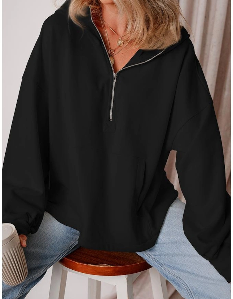Black Fleece Lined Half Zipper Kangaroo Pockets Loose Hoodie