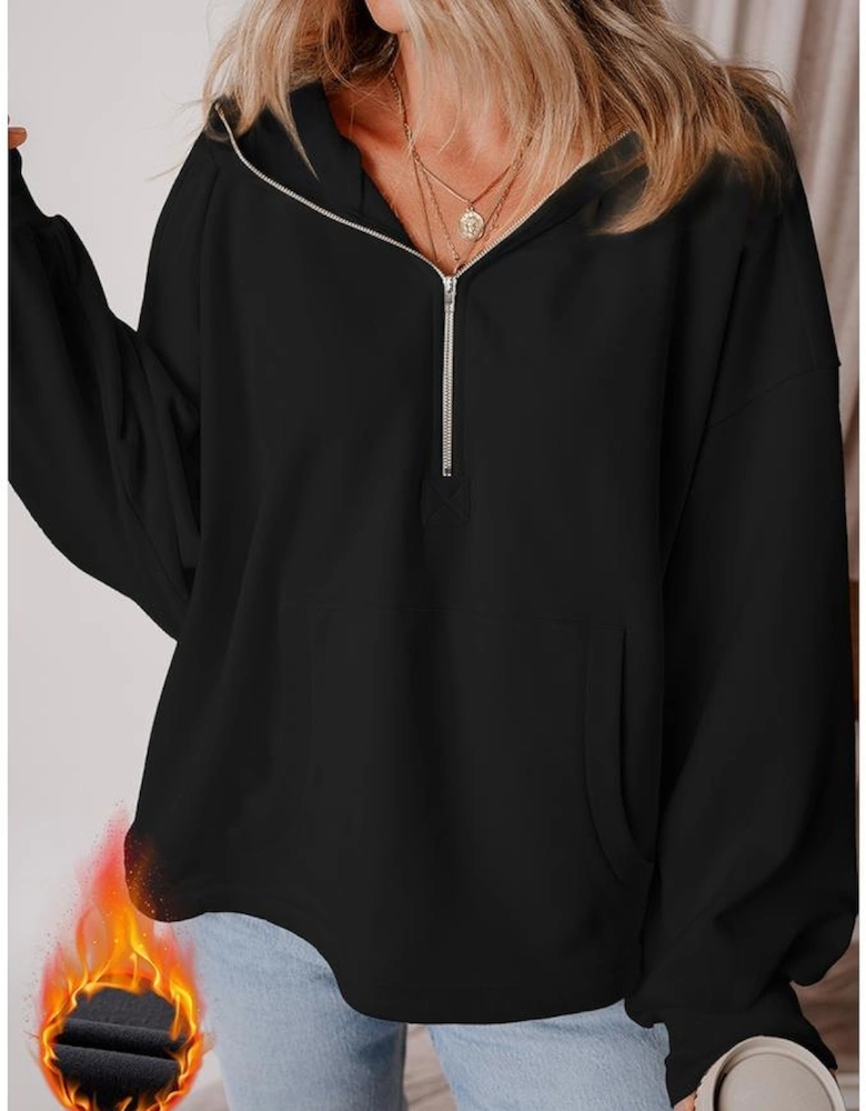Black Fleece Lined Half Zipper Kangaroo Pockets Loose Hoodie
