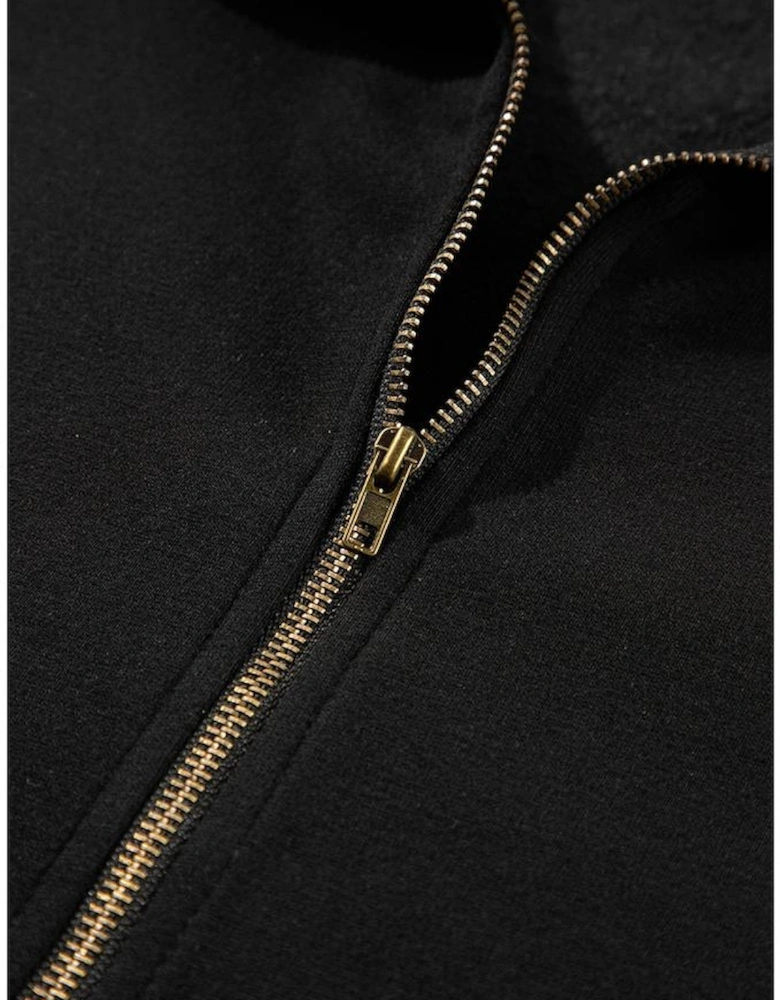 Black Fleece Lined Half Zipper Kangaroo Pockets Loose Hoodie