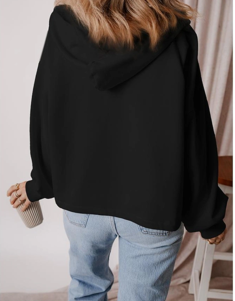 Black Fleece Lined Half Zipper Kangaroo Pockets Loose Hoodie