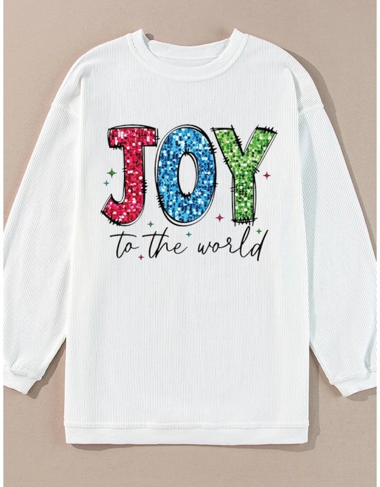 White JOY to the world Ribbed Crewneck Pullover Sweatshirt