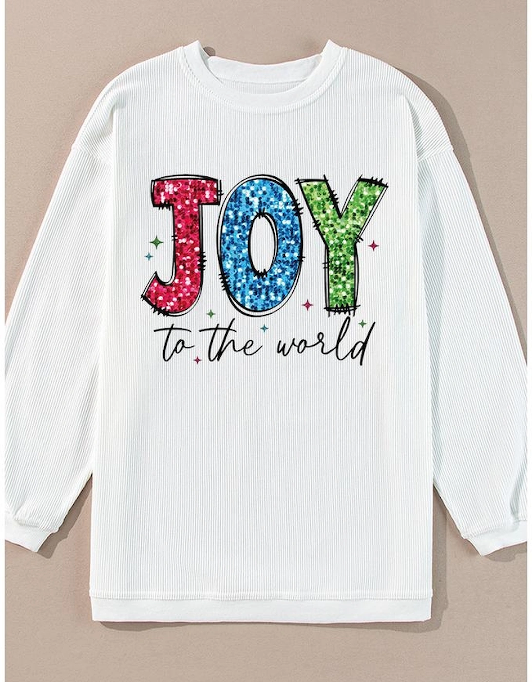 White JOY to the world Ribbed Crewneck Pullover Sweatshirt