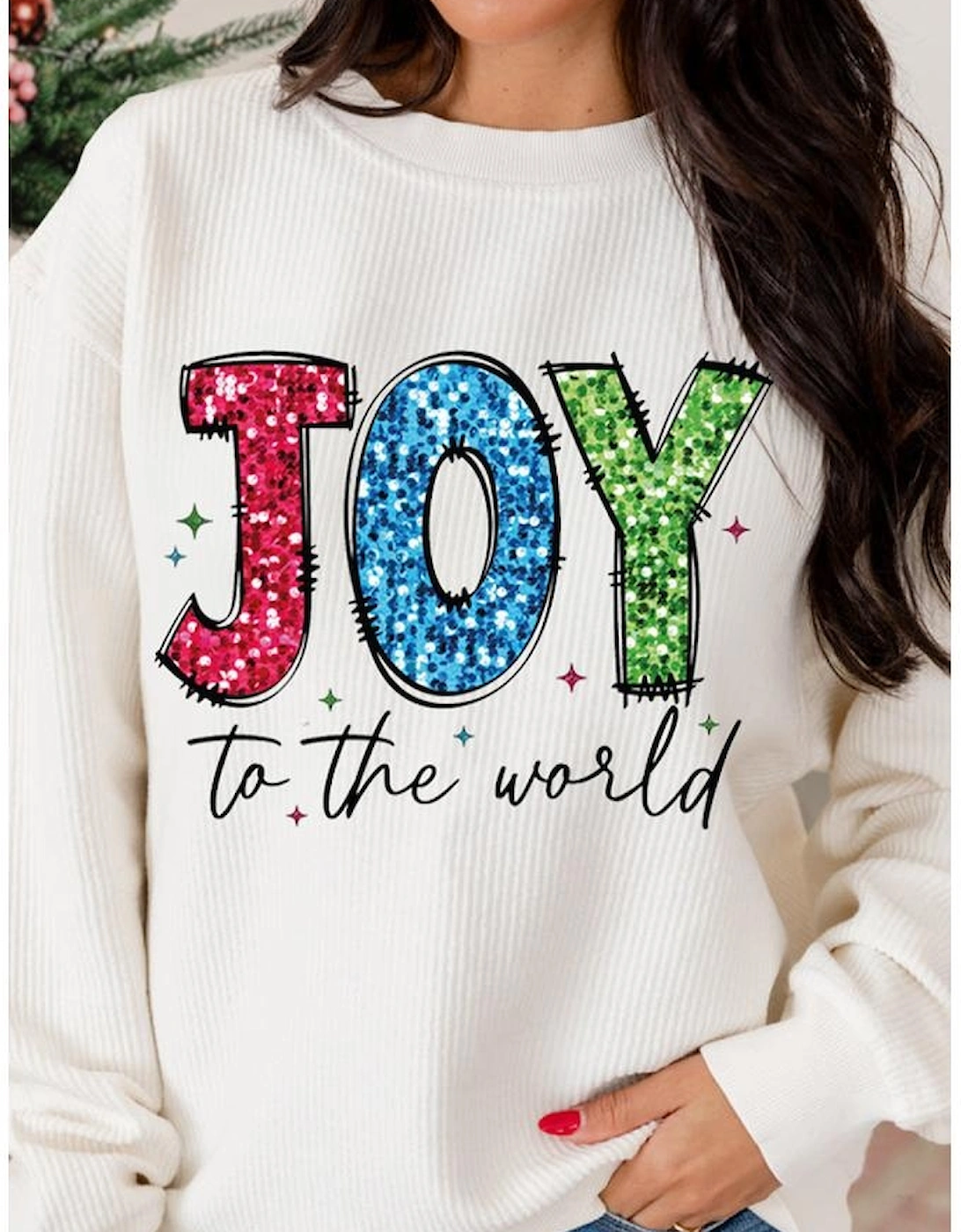White JOY to the world Ribbed Crewneck Pullover Sweatshirt
