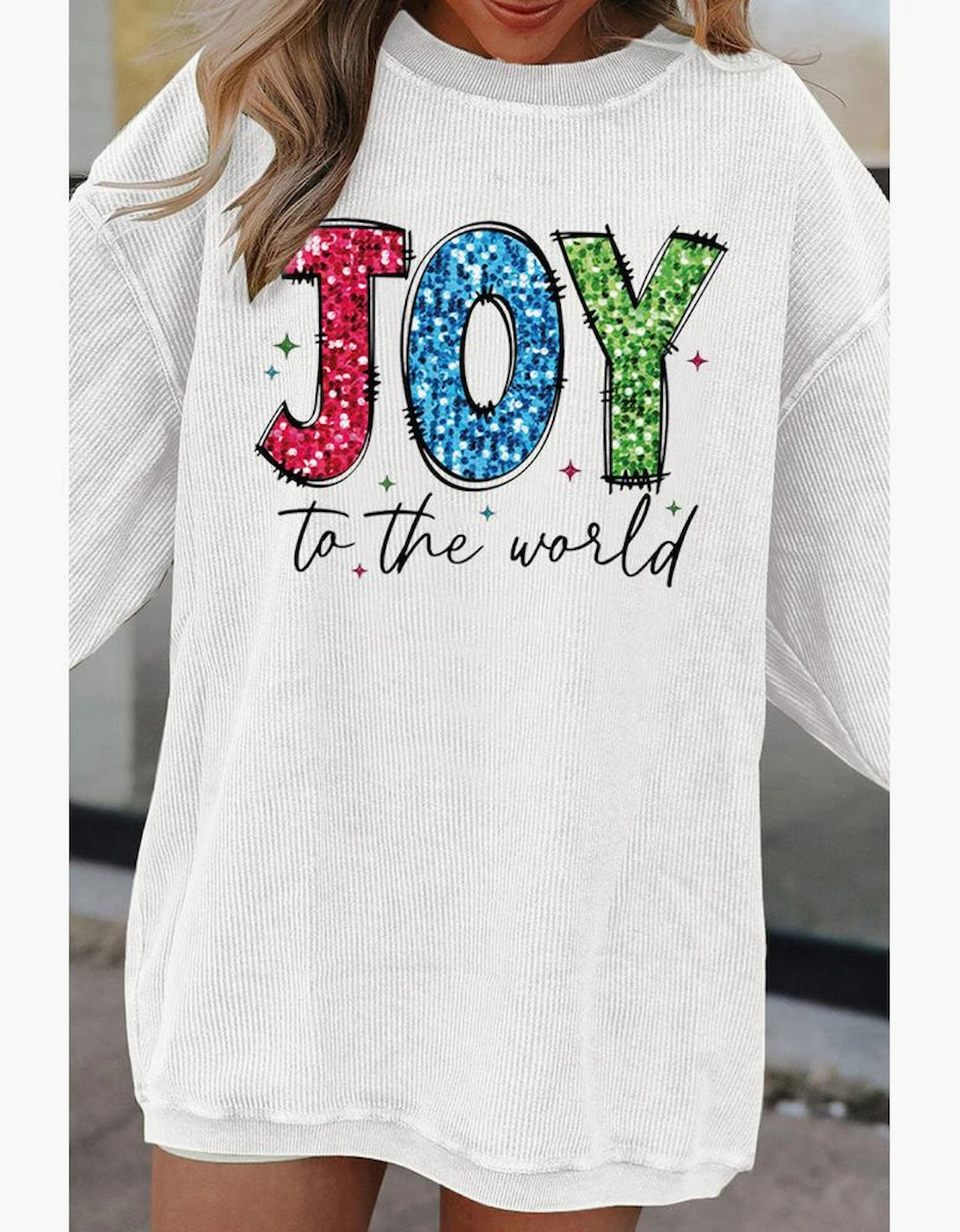 White JOY to the world Ribbed Crewneck Pullover Sweatshirt