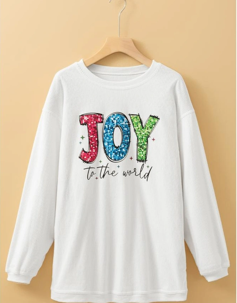 White JOY to the world Ribbed Crewneck Pullover Sweatshirt