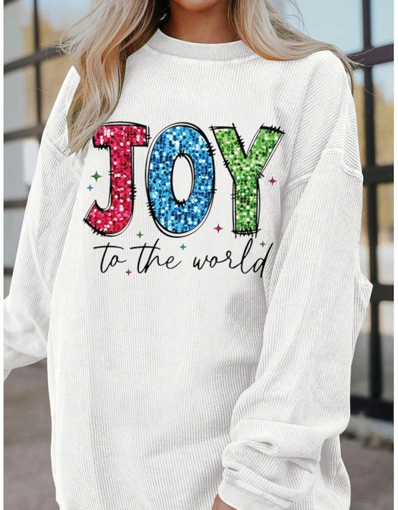 White JOY to the world Ribbed Crewneck Pullover Sweatshirt