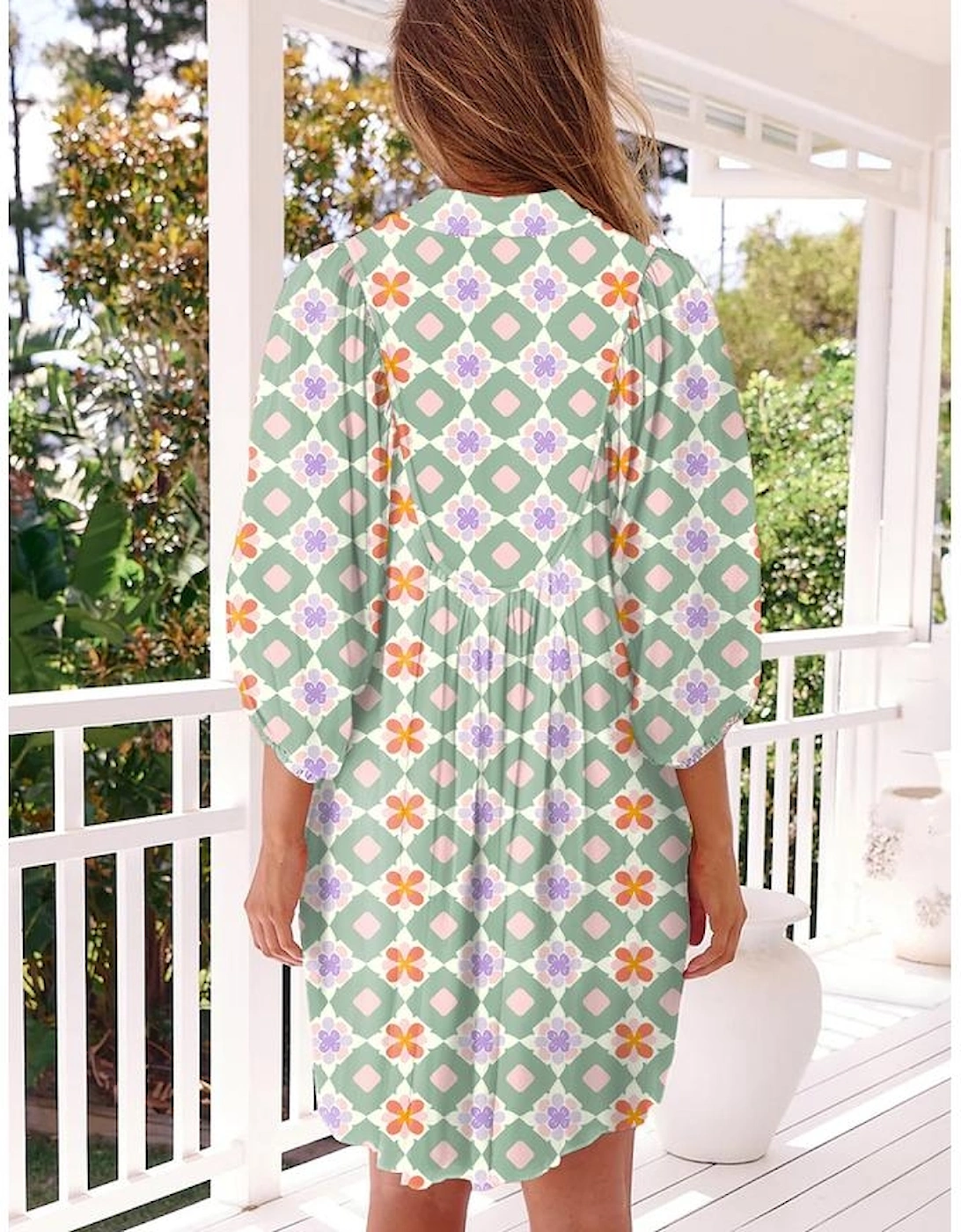 Green Geometric Floral Print 3/4 Sleeve Notched Neck Mini Dress, 11 of 10