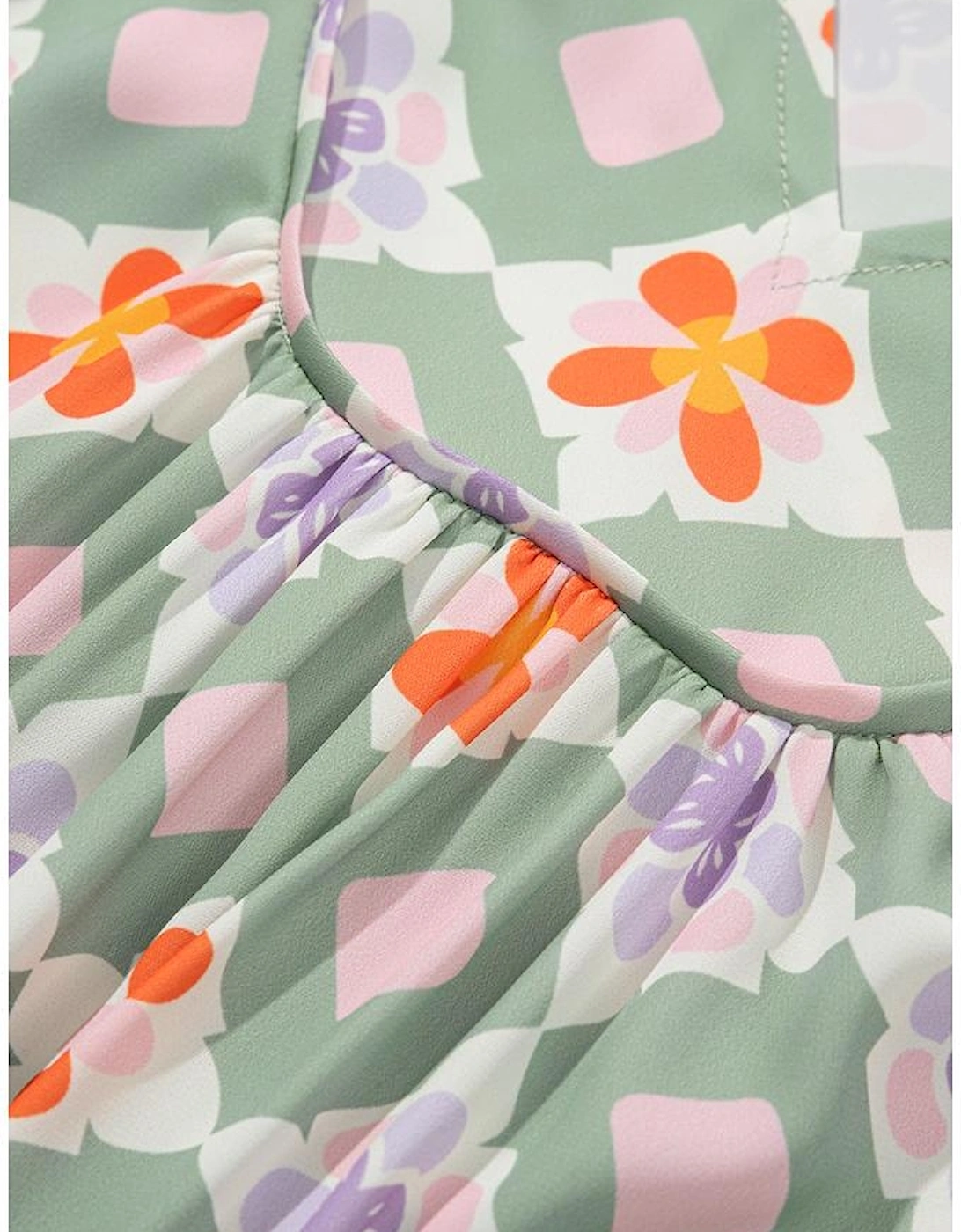 Green Geometric Floral Print 3/4 Sleeve Notched Neck Mini Dress