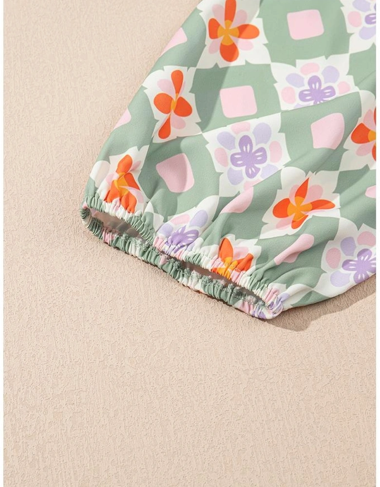 Green Geometric Floral Print 3/4 Sleeve Notched Neck Mini Dress