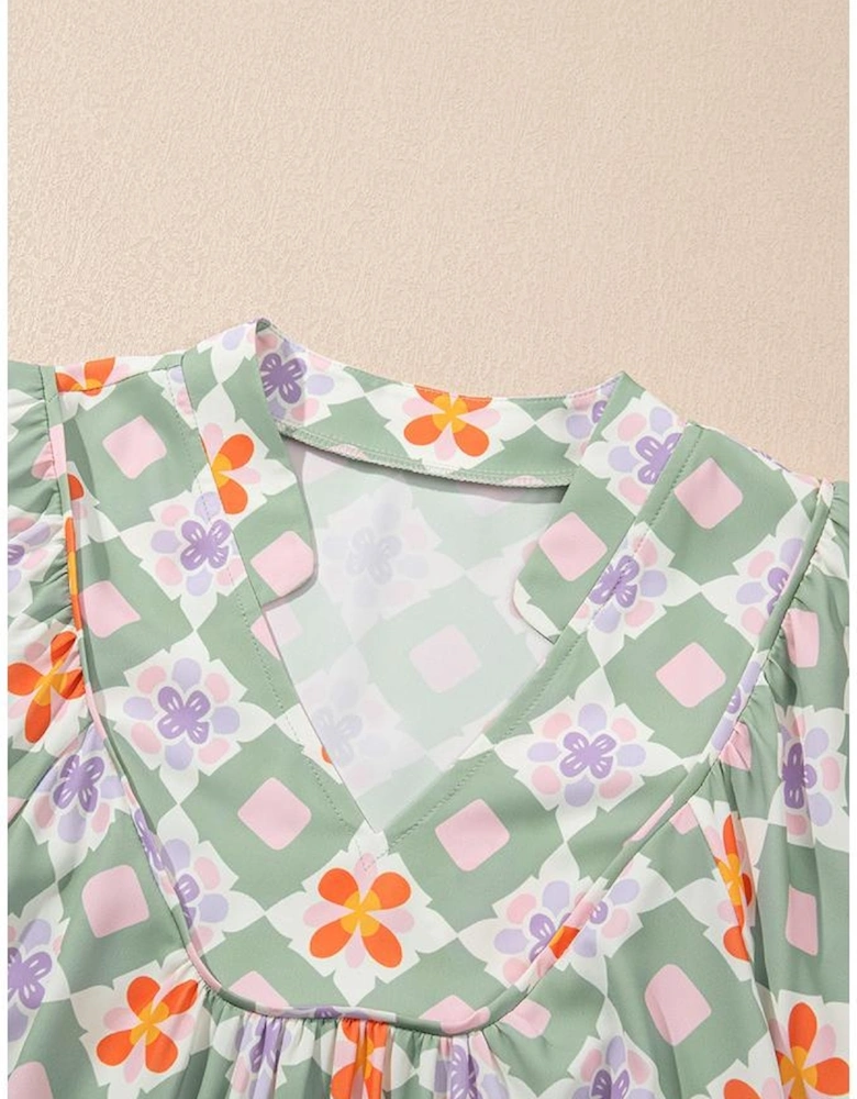 Green Geometric Floral Print 3/4 Sleeve Notched Neck Mini Dress