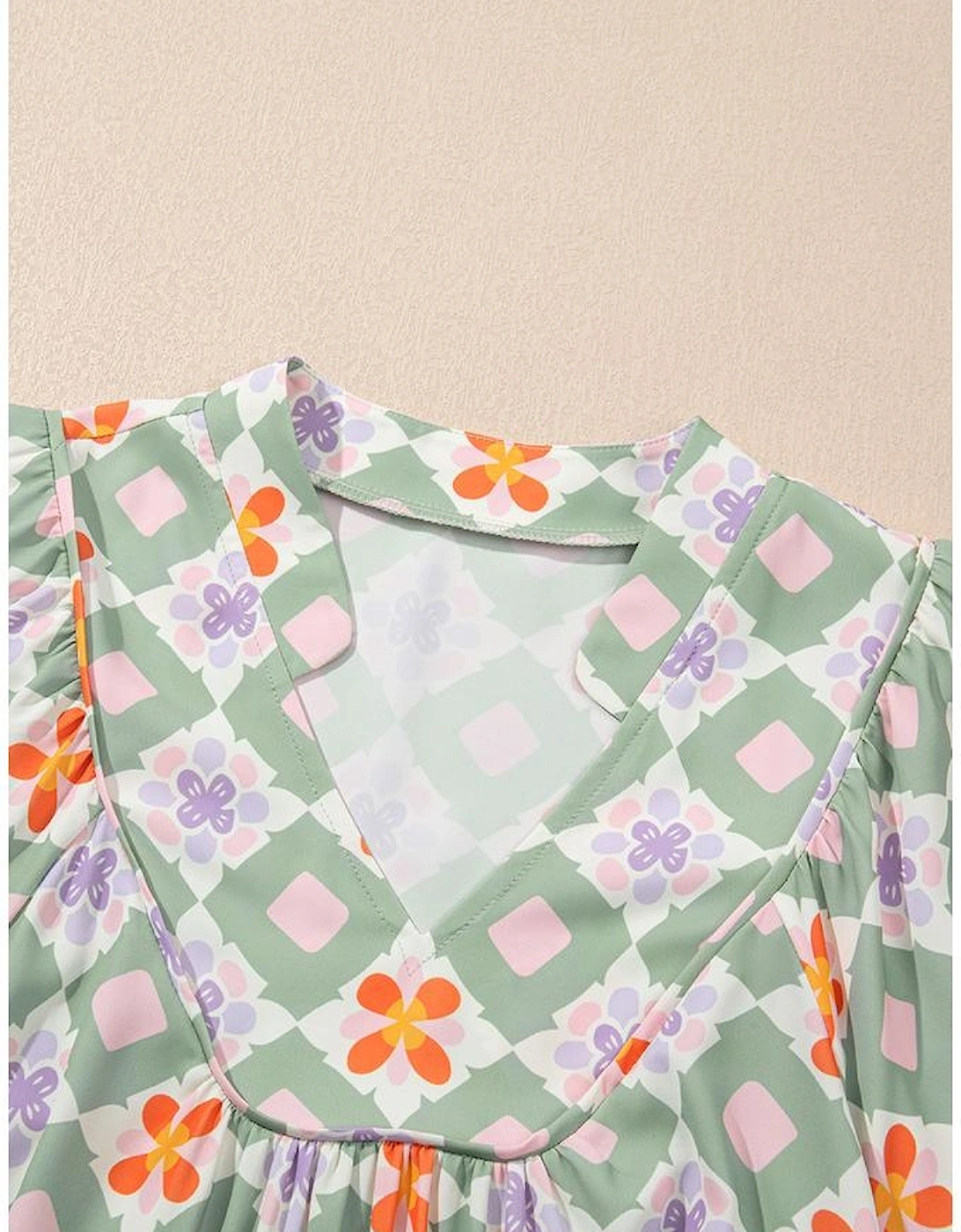 Green Geometric Floral Print 3/4 Sleeve Notched Neck Mini Dress