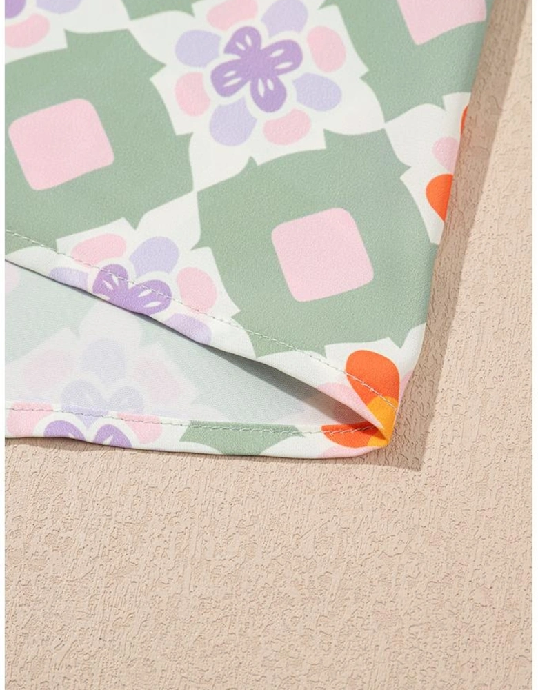 Green Geometric Floral Print 3/4 Sleeve Notched Neck Mini Dress