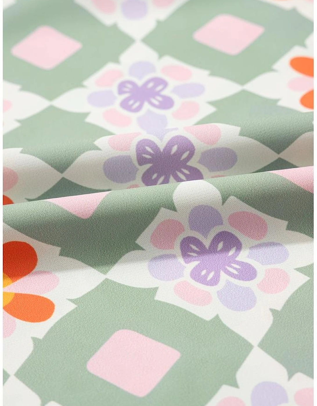 Green Geometric Floral Print 3/4 Sleeve Notched Neck Mini Dress