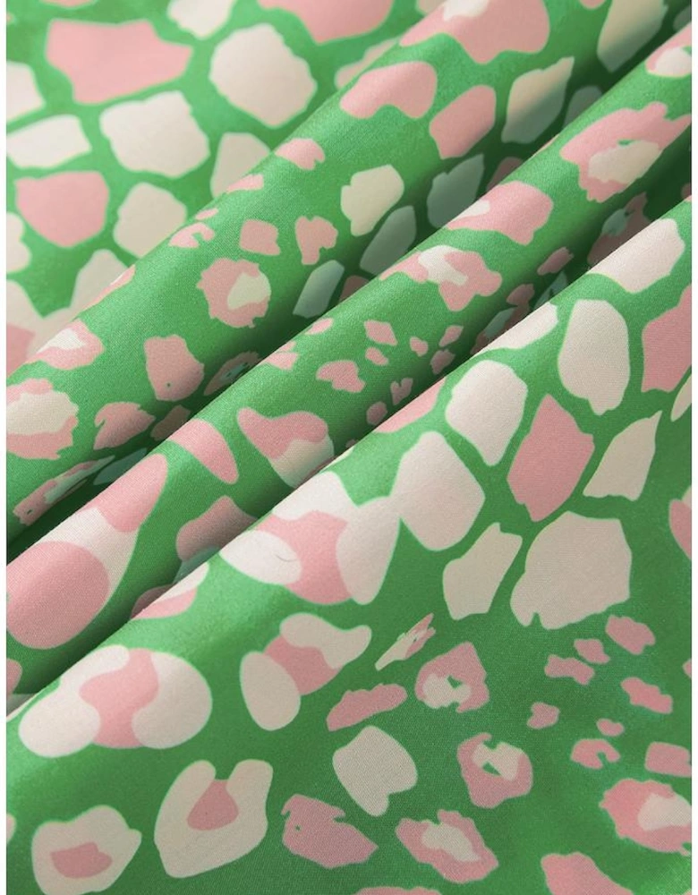 Green Plus Size Floral Tassel Tie Split Neck Puff Sleeve Blouse