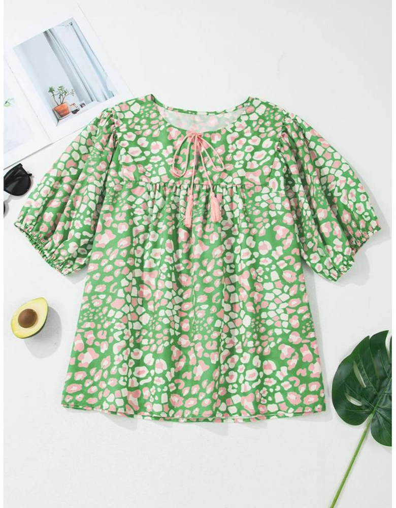 Green Plus Size Floral Tassel Tie Split Neck Puff Sleeve Blouse