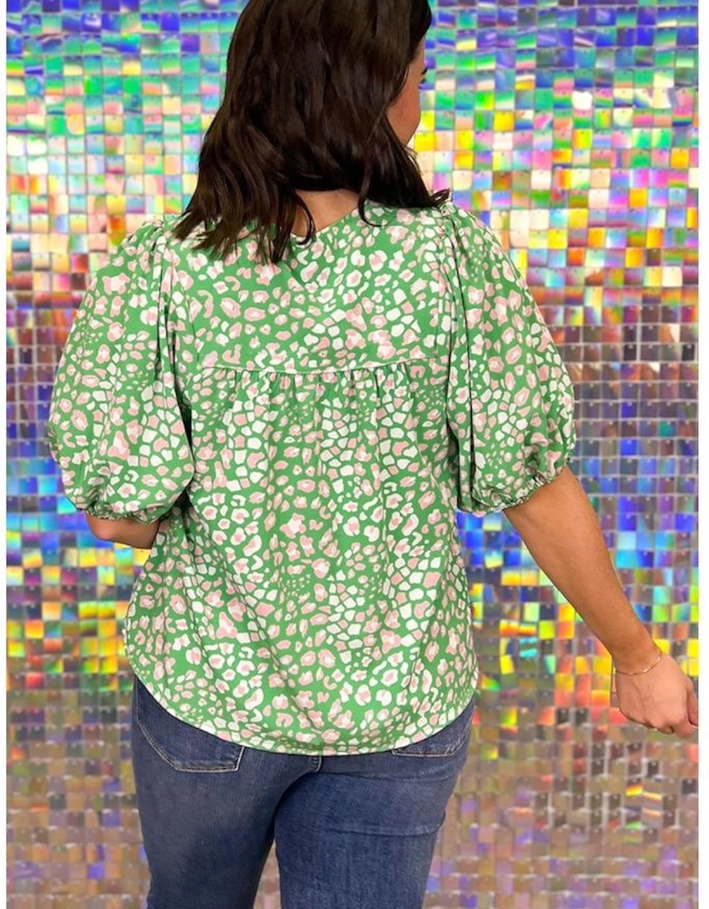 Green Plus Size Floral Tassel Tie Split Neck Puff Sleeve Blouse