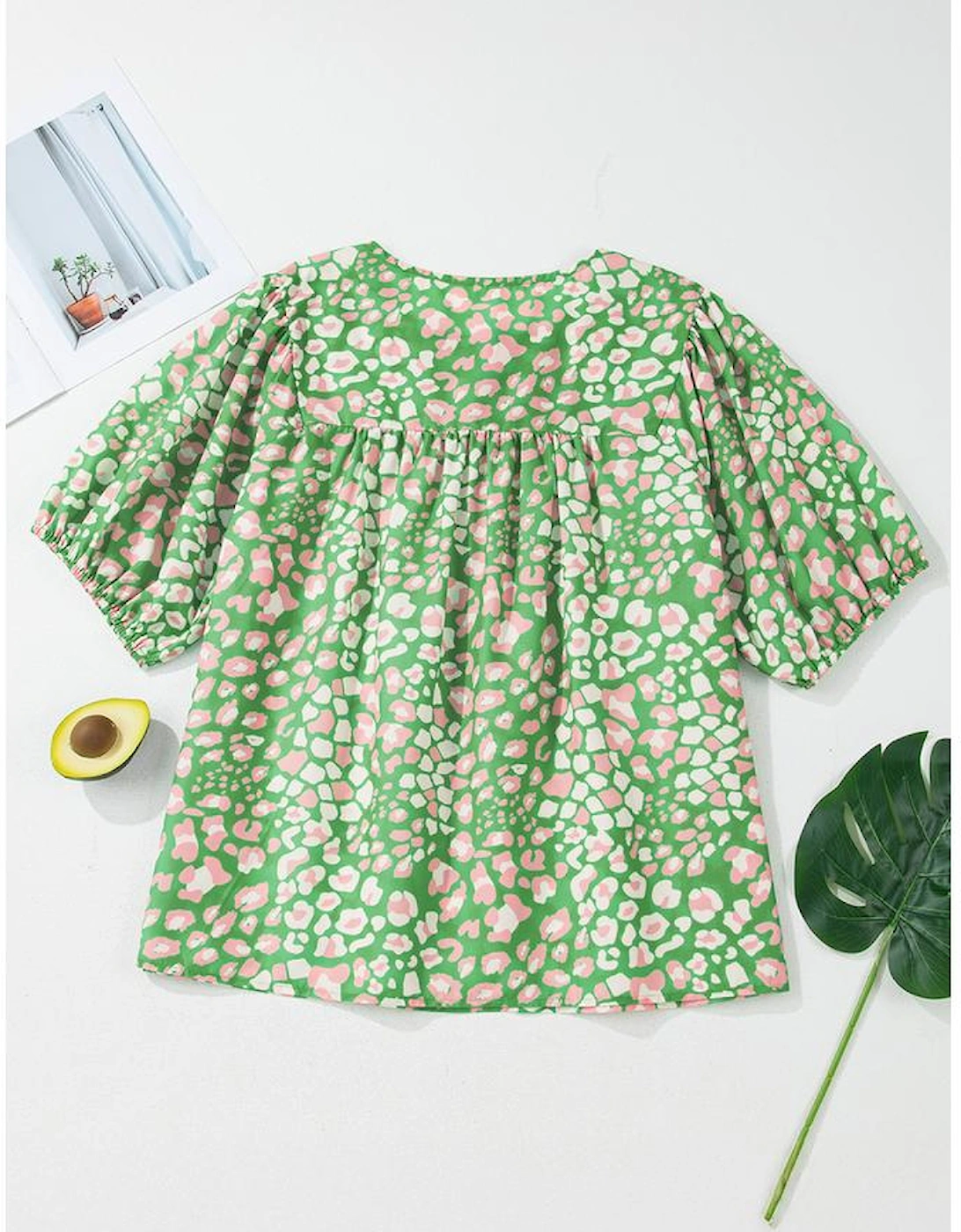 Green Plus Size Floral Tassel Tie Split Neck Puff Sleeve Blouse