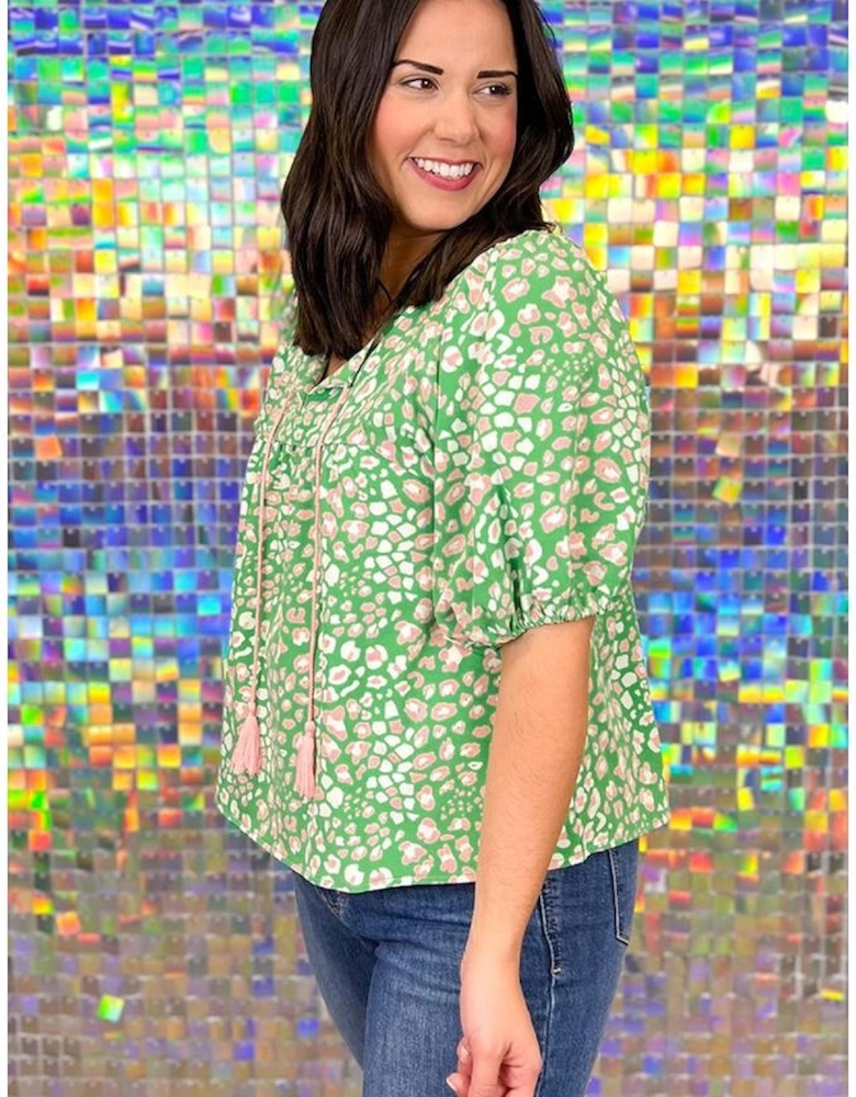 Green Plus Size Floral Tassel Tie Split Neck Puff Sleeve Blouse