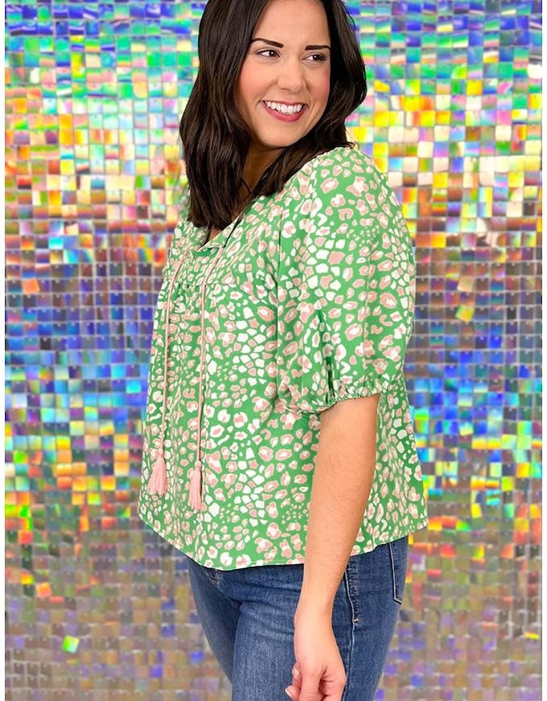 Green Plus Size Floral Tassel Tie Split Neck Puff Sleeve Blouse