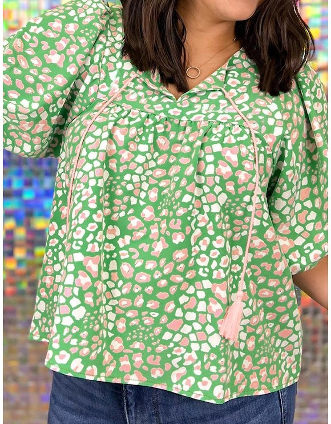 Green Plus Size Floral Tassel Tie Split Neck Puff Sleeve Blouse