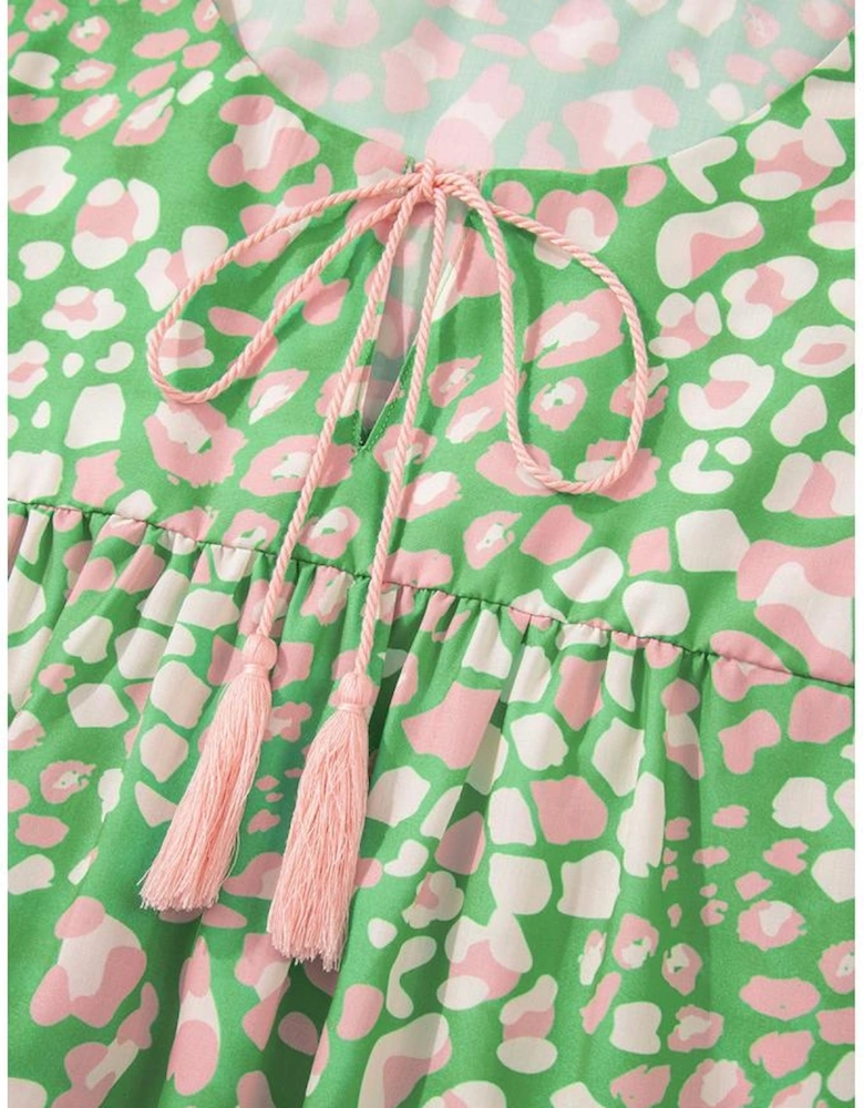 Green Plus Size Floral Tassel Tie Split Neck Puff Sleeve Blouse